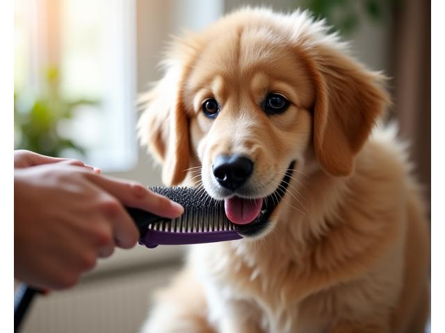 A fluffy dog being gently brushed, symbolizing regular grooming and attention