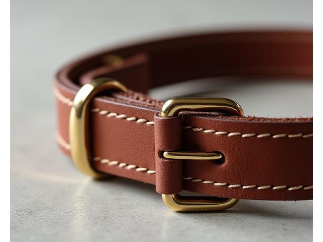 Close-up of a classic, elegant brown leather dog collar with brass hardware.